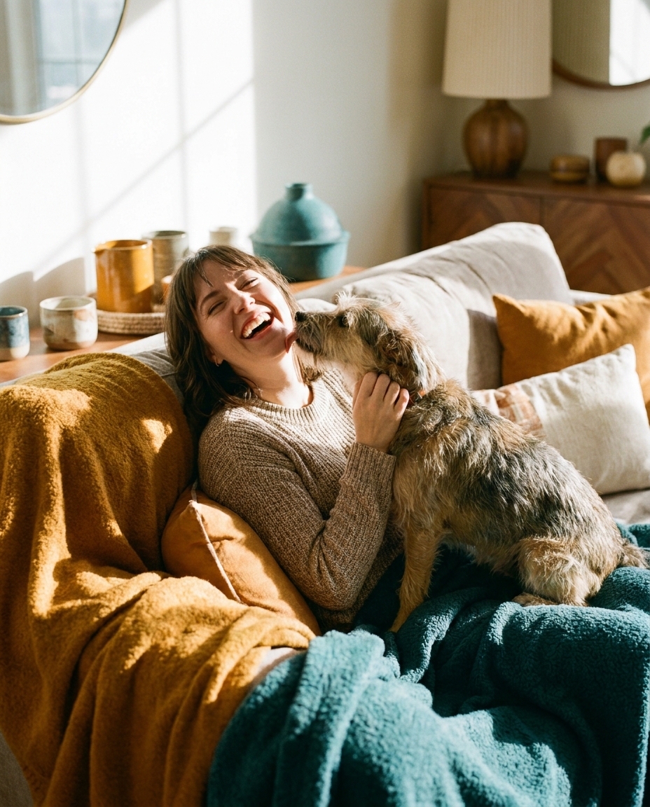Owner laughing with her dog